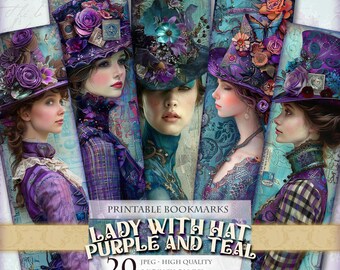 Lady With hat Purple and Teal Bookmarks, 2x6,5 inch 25 Bookmarks in 5 printable JPG pages, Printable Book Accessories, Instant download.