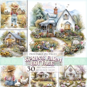 Casa de fazenda na primavera, clipart de paisagem floral, imagem HQ 30 JPG para impressão, páginas de fólio de diário de lixo, itens efêmeros de álbum de recortes, download instantâneo.