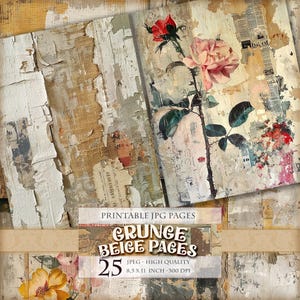 Páginas beige grunge, imagen JPG de alta calidad imprimible de 25, portada de diario basura de álbum de recortes de acuarela digital, efímera, decoupage, descarga instantánea.