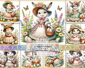 May include: A set of 14 digital images featuring Victorian-style Easter bunnies in various poses. Each bunny is dressed in a different pastel-colored dress and holding a basket of colorful Easter eggs. The images are set against a background of spring flowers and greenery.