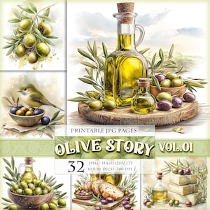 Olive Story Vol.01, imagen JPG HQ 32 imprimible, páginas de folio de diario basura de imágenes prediseñadas de cosecha de aceite de oliva, material efímero de álbum de recortes, descarga instantánea.