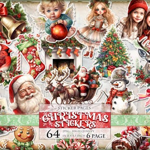 Découpes difficiles de Noël, un total de 64 autocollants en 6 pages JPG imprimables, éphémères, journal indésirable à l&#39;aquarelle, téléchargement immédiat d&#39;embellissement.