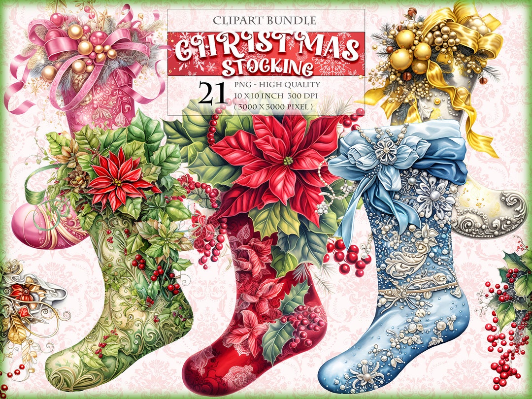 Christmas Stocking, Winter Themed Watercolor Clipart Bundle, HQ ...