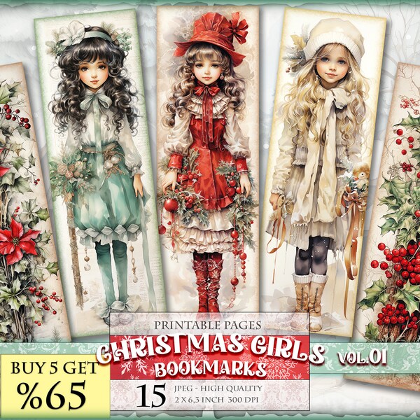 Christmas Girls Vol.01 Bookmarks, Watercolor Digital Sheets, 2x6,3 inch 15 bookmarks in 3 printable JPG pages, Instant download.