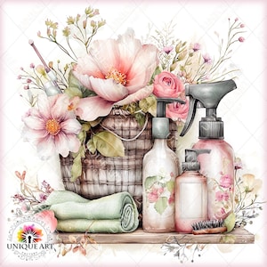 May include: Watercolor illustration of a spa-themed arrangement. A woven basket overflows with pink flowers and greenery. Includes bottles, a rolled green towel, and a small brush, all arranged on a wooden shelf. The image has a soft, feminine aesthetic.