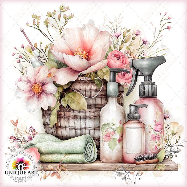 May include: Watercolor illustration of a spa-themed arrangement. A woven basket overflows with pink flowers and greenery. Includes bottles, a rolled green towel, and a small brush, all arranged on a wooden shelf. The image has a soft, feminine aesthetic.