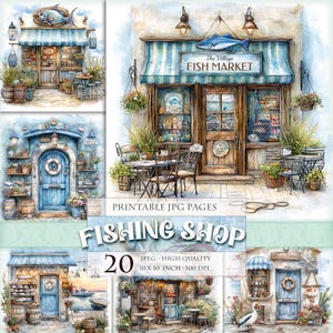 Fishing Shop, Market View Clipart, Printable HQ 20 JPG image, Junk Journal Folio Pages, Scrapbook Ephemera, Digital Art, Instant download.