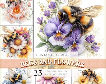 Bees and Flowers, Spring Flowers, Floral Clipart, Printable HQ 23 JPG image, Junk Journal Folio Pages, Scrapbook Ephemera, Instant download.