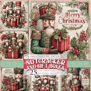 Puede incluir: Un collage digital con ilustraciones de cascanueces y cajas de regalo, con un saludo de "Feliz Navidad". Las imágenes son de estilo vintage, con una paleta de colores rojo, verde y dorado. El texto "Nutcracker and Gift Boxes" también es visible.