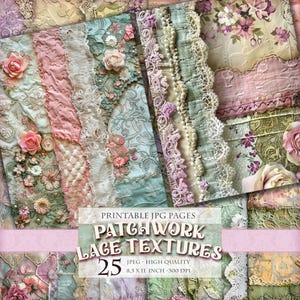 Peut inclure: Un ensemble de textures de dentelle patchwork aux couleurs pastel, rose, bleu et vert. L'image présente des motifs floraux, des bordures en dentelle et des éléments décoratifs comme des roses et des boutons. Le texte indique des pages JPG imprimables, 21,59 x 27,94 cm, 300 DPI.