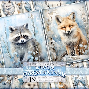 Animais da floresta de inverno, páginas de diário de aquarela, 19 imagens JPG para impressão, álbum de recortes, folha de colagem digital Fussy Cuts, download instantâneo.