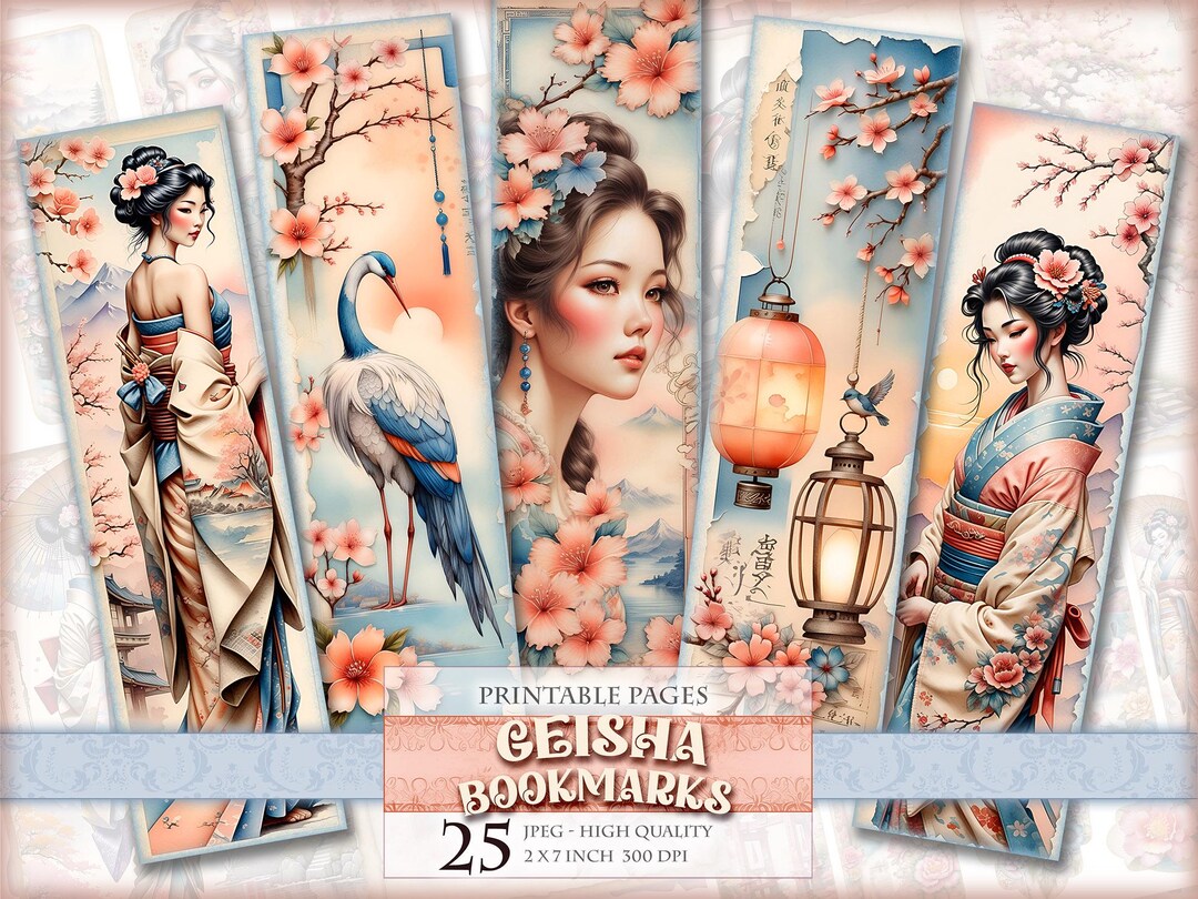 Geisha Bookmarks, Watercolor Digital Sheets, 2x7 Inch 25 Bookmarks in 5 ...
