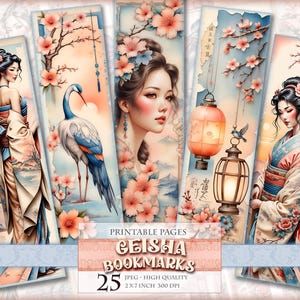 Geisha Bookmarks, Watercolor Digital Sheets, 2x7 Inch 25 Bookmarks in 5 ...