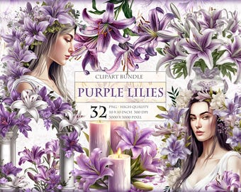 Purple Lilies, Lilium Flower, Printable 32 PNG image, Watercolor Cliparts, junk journal scrapbook transparent sublimation instant download