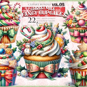 Christmas Fancy Cupcakes Vol.02, Noel Muffins unter dem Motto Aquarell Clipart Bundle, bedruckbar 22 QUARZ PNG Bild, Fussy Cuts Sofort-Download.