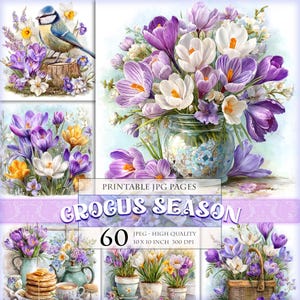 Peut inclure: Une impression d'art numérique présentant des images à l'aquarelle de fleurs de crocus dans divers arrangements. Les images incluent un oiseau bleu, des bouquets dans des vases et des plantes en pot. Le texte "Crocus Season" est affiché.
