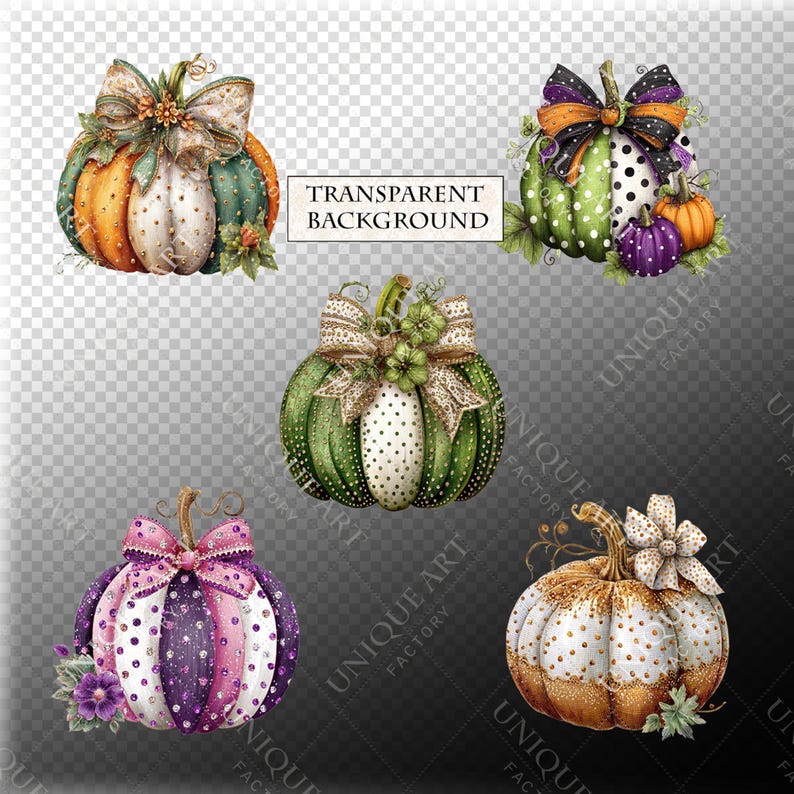 May include: A collection of decorative pumpkins in various colors, including orange, green, purple, and gold. Each pumpkin features a unique design with bows, polka dots, and floral accents. The pumpkins are set against a transparent background.
