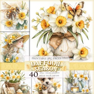 Temporada de narcisos, flores de primavera, clipart floral, imagen JPG HQ 40 imprimible, páginas de folio de diario basura, efímeras de álbum de recortes, descarga instantánea.