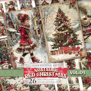 Nostalgic Red Christmas Vol.02, Printable Junk Journal Kit, Digital Pages, Labels, ATC, 26 JPG 11X8,5 inch, Decoupage, Instant download.