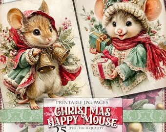 Christmas Happy Mouse, Printable 25 JPG image, Nostalgic Noel Landscape, Journal Scrapbook Ephemera Clipart Decoupage, Instant download.