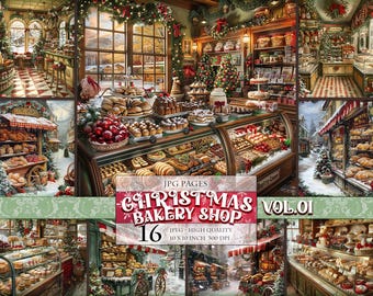 Christmas Bakery Shop Vol.01, Printable 16 JPG images, Scrapbook Pages, Junk Journal Postcard Decoupage Collage Making, Instant download.