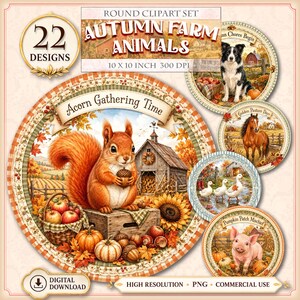 Peut inclure: Un ensemble de cliparts numériques comprenant 22 motifs ronds d'animaux de ferme en automne. L'image principale montre un écureuil avec un gland, une grange, des citrouilles et des pommes. Des encarts circulaires présentent un chien, un cheval, des canards et un porcelet.