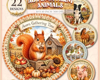 Autumn Farm Animals Round Clipart, Printable 22 PNG Clipart Designs, Cottagecore Fall, Farmhouse Decor