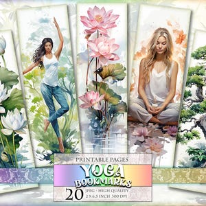 Yoga Bookmarks, Watercolor Digital Sheets, 2x6,3 inch 20 bookmarks in 4 printable JPG pages, Instant download.