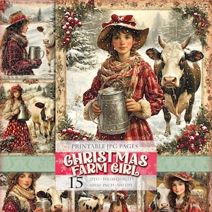 Fille de ferme de Noël, paysage d'hiver, image imprimable 15 JPG, cliparts de scrapbooking journal éphémère fabrication de cartes postales, téléchargement immédiat.