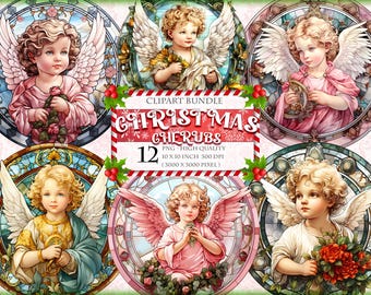 Natal - Querubins em Vitral, 12 imagens PNG para impressão, Clipart de aquarela, Guirlanda para pendurar na porta, Sublimação, download instantâneo