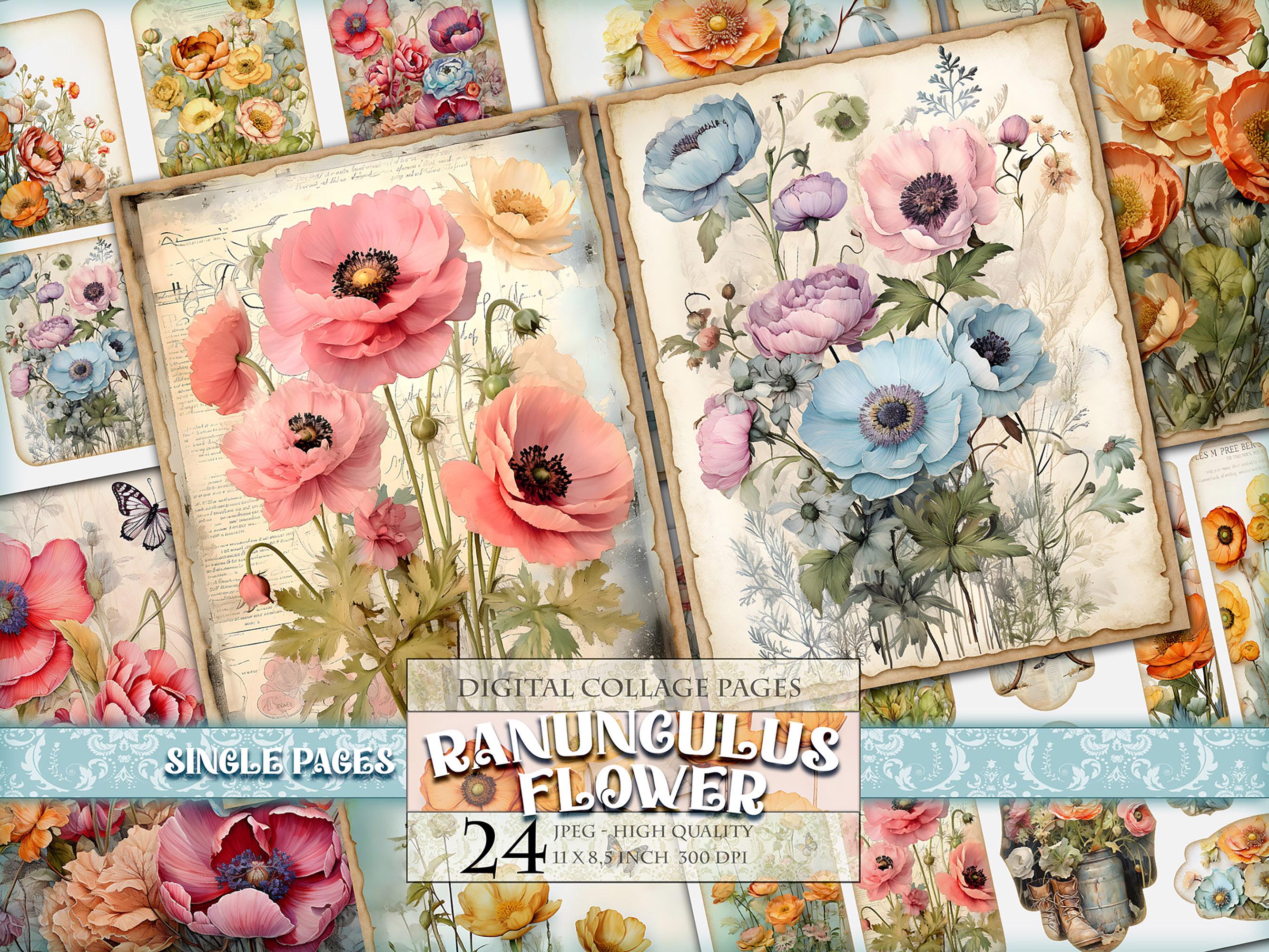 ラナンキュラスの花、水彩画の花柄ジャンクジャーナルページ、24 JPG