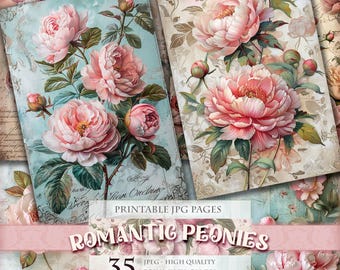 May include: 35 printable digital paper pages featuring romantic pink peonies with green leaves on a vintage background. The text "Romantic Peonies" and "Printable JPG Pages" is included in the image. Each page is 7.5 x 11 inches and 300 DPI.