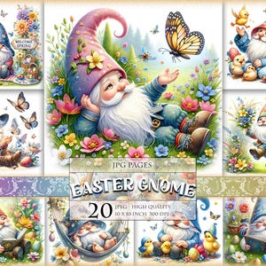 Gnomo di Pasqua, pacchetto di clipart ad acquerello, 20 immagini digitali JPG HQ stampabili, album, decoupage, cartoline, inviti, download immediato.