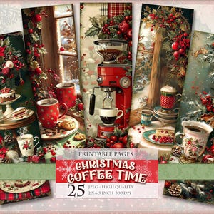 Signets de Noël Coffee Time, feuilles numériques aquarelles, 2 x 6,5 pouces 25 signets en 5 pages JPG imprimables, album de scrapbooking Téléchargement instantané.