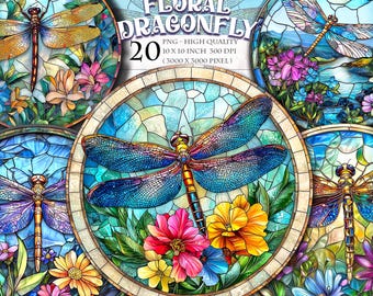 Floral Dragonfly Round Ornaments PNG, 20 Vintage Botanical Circles for Junk Journals, Enchanted Garden Ephemera, Digital Gift Tags Clipart