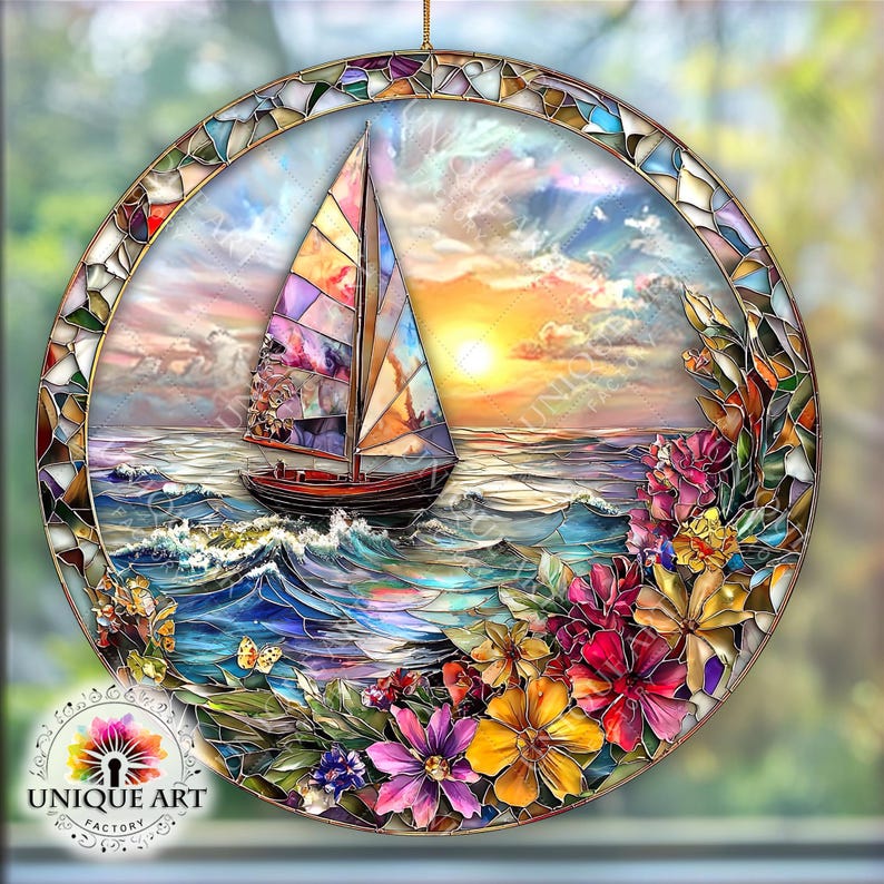 May include: A stained glass suncatcher featuring a sailboat sailing on a blue ocean with a sunset in the background. The suncatcher is surrounded by colorful flowers.