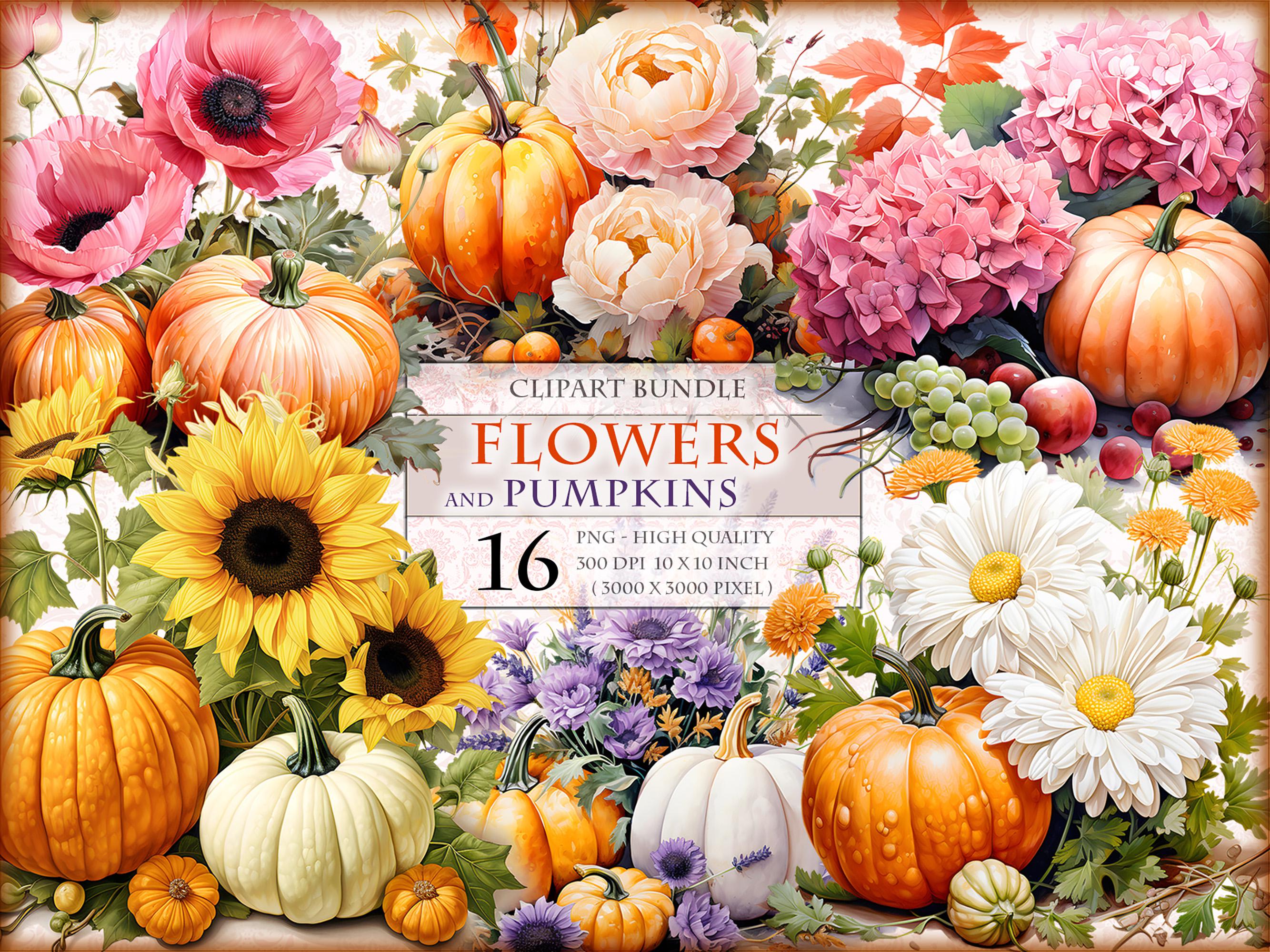 Flowers and Pumpkins, Autumn Floral Watercolor Cliparts, Printable 16 PNG image, scrapbook transparent sublimation, instant download.