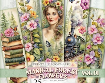 Magical Forest Flowers Vol.01, 2x7 inch 25 Bookmarks in 5 printable JPG pages, Book Lover Printable, Book Accessories, Instant download.