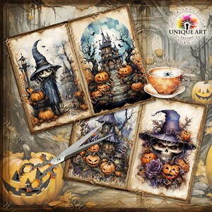 Puede incluir: Una hoja de collage digital con seis im&aacute;genes con temas de Halloween. Las im&aacute;genes incluyen una bruja, una casa encantada, calabazas y una calavera. Las im&aacute;genes est&aacute;n sobre un fondo de papel viejo y pergamino.