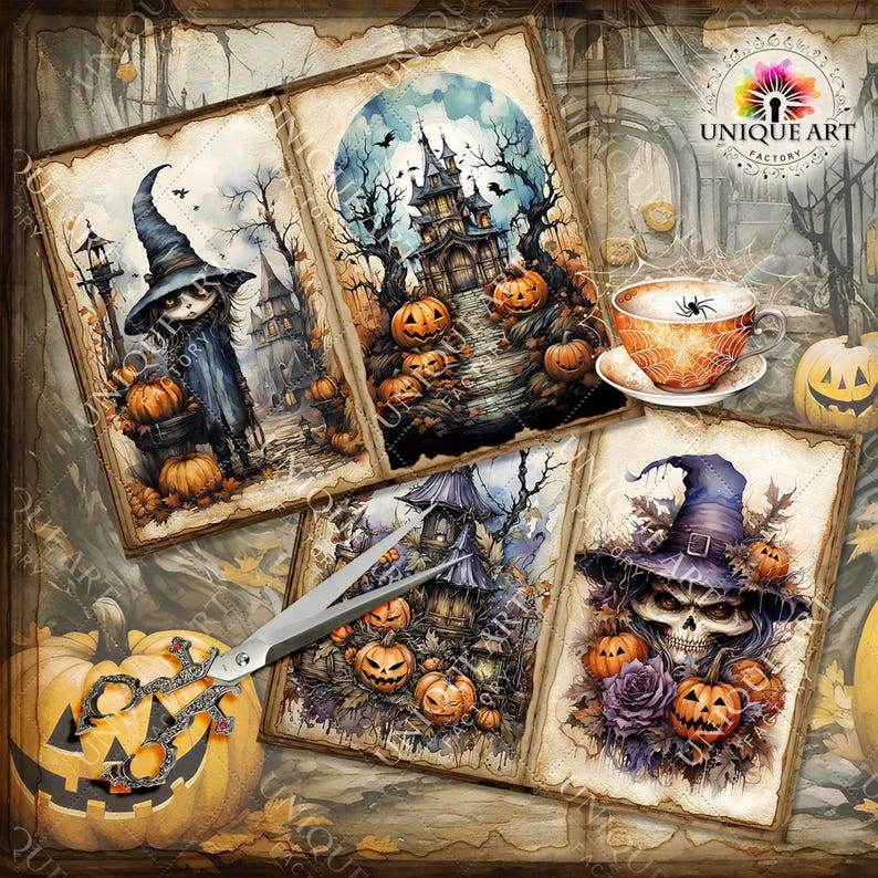 Puede incluir: Una hoja de collage digital con seis im&aacute;genes con temas de Halloween. Las im&aacute;genes incluyen una bruja, una casa encantada, calabazas y una calavera. Las im&aacute;genes est&aacute;n sobre un fondo de papel viejo y pergamino.