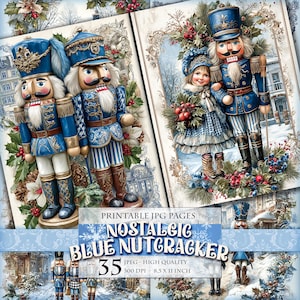 Nostalgic Blue Nutcracker, Christmas Landscapes, Printable 35 JPG image page, vintage journal ephemera postcard decoupage, instant download.