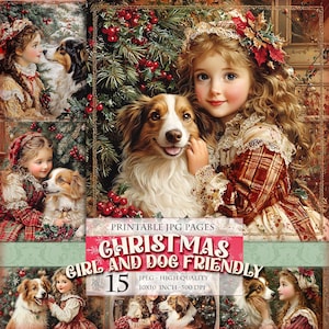 Weihnachten Mädchen und Hund freundlich, Winterlandschaft, druckbare 15 JPG-Bilder, Scrapbook Junk Journal Ephemera Postkarte Sofortiger Download.