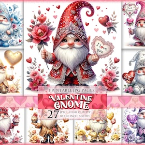 Valentine Gnome, druckbare digitale Seiten, Scrapbook, Junk Journal, Einladung, Poster, Postkarte, JPG 10 x 10 Zoll, Instant Download.