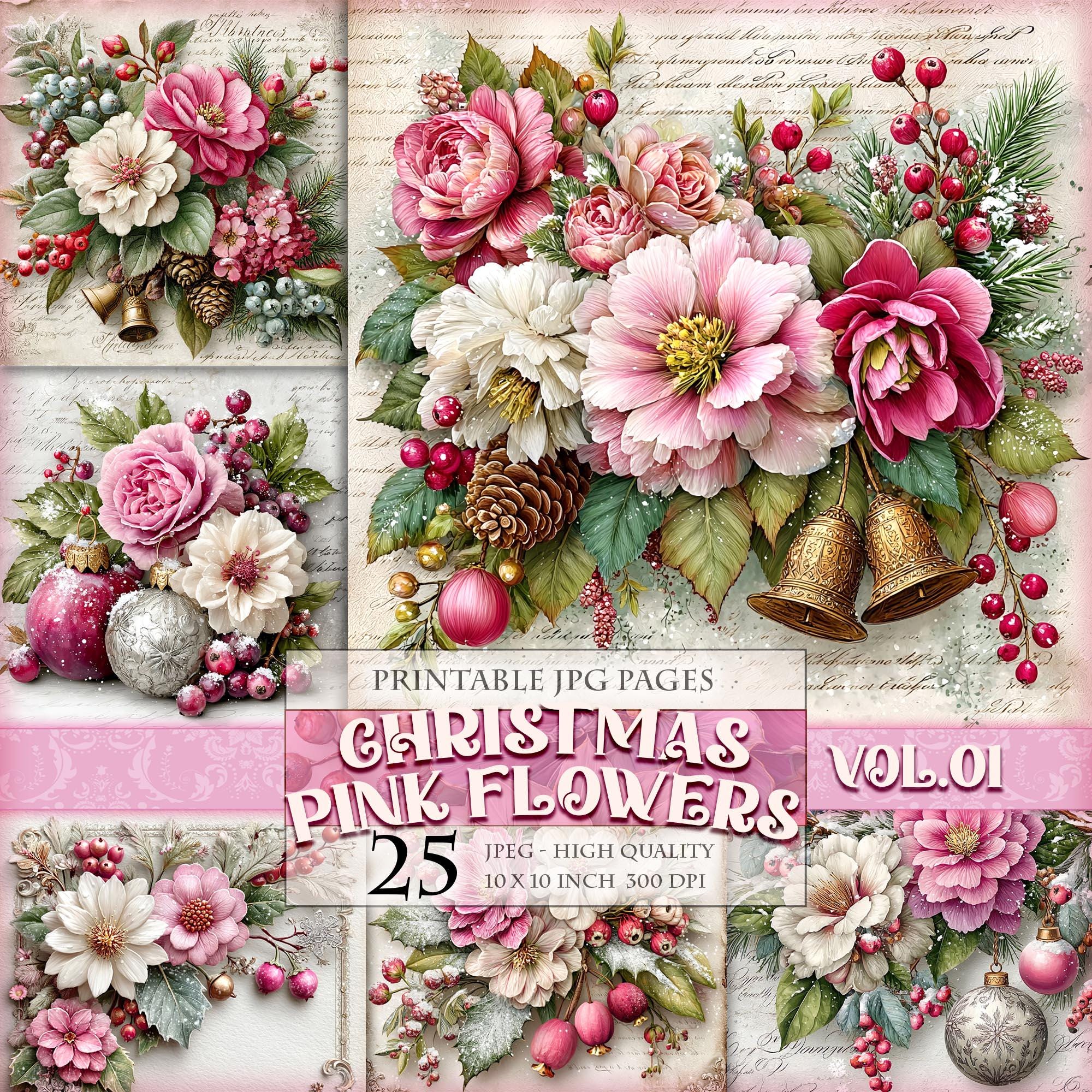 Free Printable Christmas Roses Christmas Pink Flowers Vol.01, Printable 25 JPG Image, Floral Journal ...