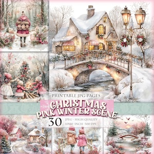 Cena de inverno rosa de Natal, 30 imagens digitais JPG para impressão, pacote de clipart para scrapbook, diário de decoupage, cartão postal, download instantâneo