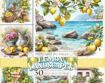 May include: Watercolor illustrations of lemon landscapes. The image features lemons, flowers, and coastal scenes. The text on the image reads "Lemon Landscapes" and "30 JPEG - High Quality 10 X 10 Inch - 300 DPI".