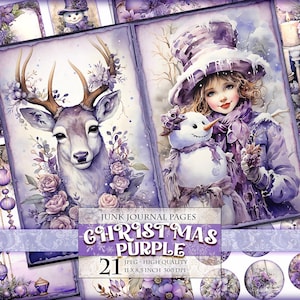 Lila Weihnachten, Vintage Noel, Aquarell Junk Journal Kit, Printable 21 JPG Bild, Scrapbook Ephemera Tags Handwerk Versorgung Sofort download.