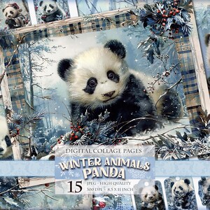 Winterdieren - panda, besneeuwd landschap, afdrukbare HQ 15 JPG-afbeelding, Junk Journal, plakboek, Ephemera Fussy Cuts Clipart direct downloaden.