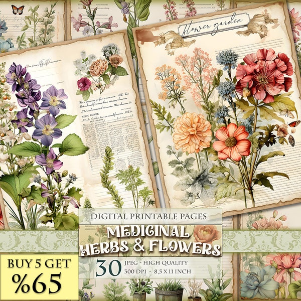 Medicinal Herbs and Flowers, Junk Journal Pages, Scrapbook Collage Sheets, Printable 30 Single Page JPG - 11X8.5 inch, Instant download.