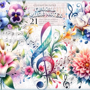 Bloemen muzieknoten, aquarel clipartbundel, 21 HQ afdrukbare afbeelding, transparante png-indeling, instant download.